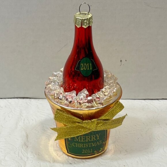 2011 Hand Blown Glass Christmas Champagne Bucket Ice Ornament Merry Christmas - Picture 1 of 16